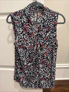 Sleeveless Navy Floral Twist Tie-Neck Blouse